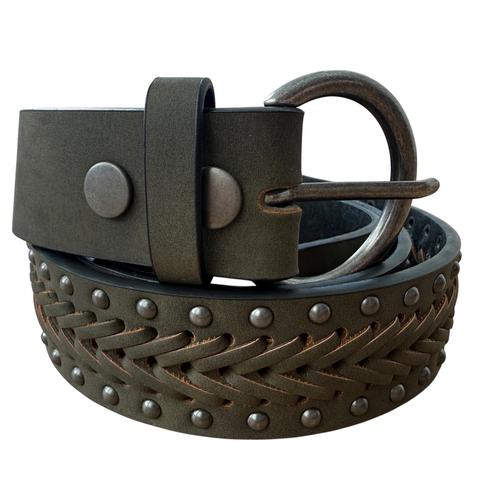 Genuine Leather 6256 Studded Western Belt Braided Whipstitch O Ring M/L Brown